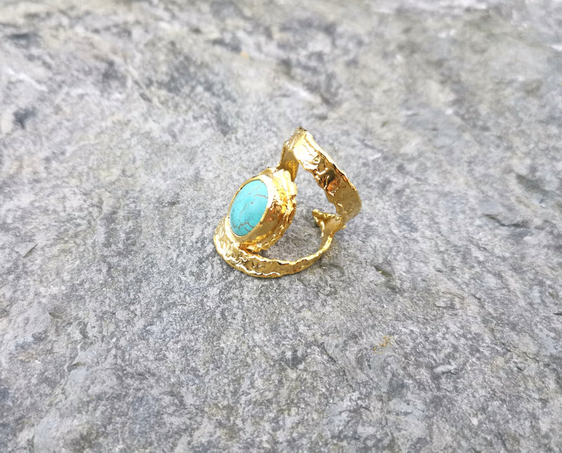 Textured  Ring with Turquoise Gold Plated Brass Adjustable SR90