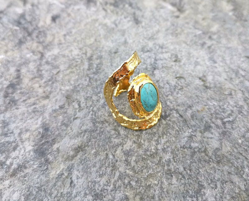 Textured  Ring with Turquoise Gold Plated Brass Adjustable SR90