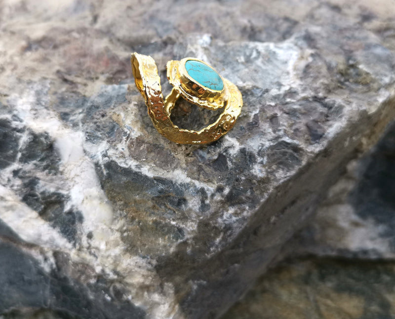 Textured  Ring with Turquoise Gold Plated Brass Adjustable SR90