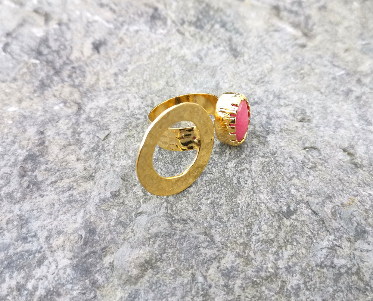 Ring with Fuchsia  Gemstone Gold Plated Brass Adjustable SR91