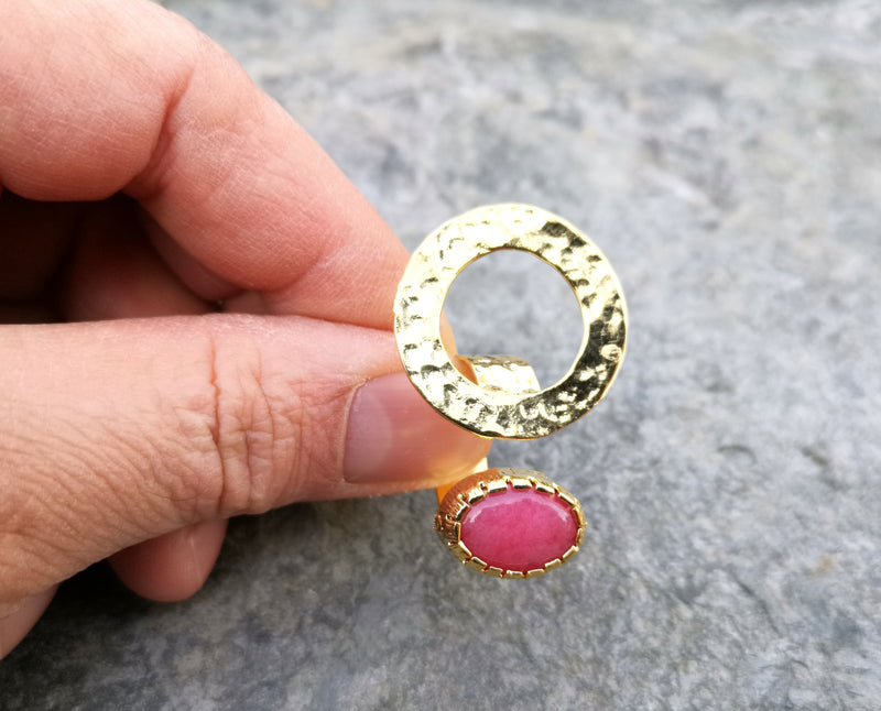 Ring with Fuchsia  Gemstone Gold Plated Brass Adjustable SR91