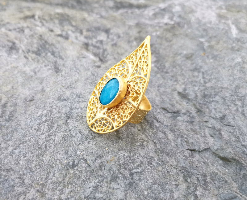 Eye Ring with Blue Gemstone Gold Plated Brass Adjustable SR92