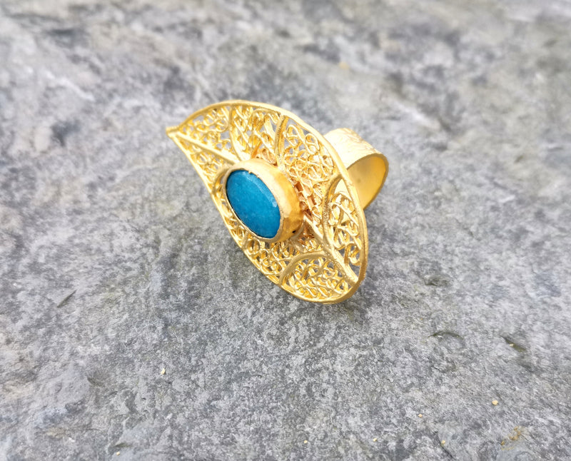 Eye Ring with Blue Gemstone Gold Plated Brass Adjustable SR92