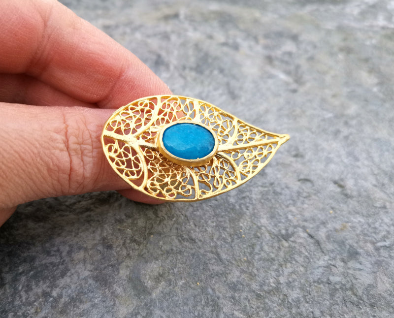 Eye Ring with Blue Gemstone Gold Plated Brass Adjustable SR92