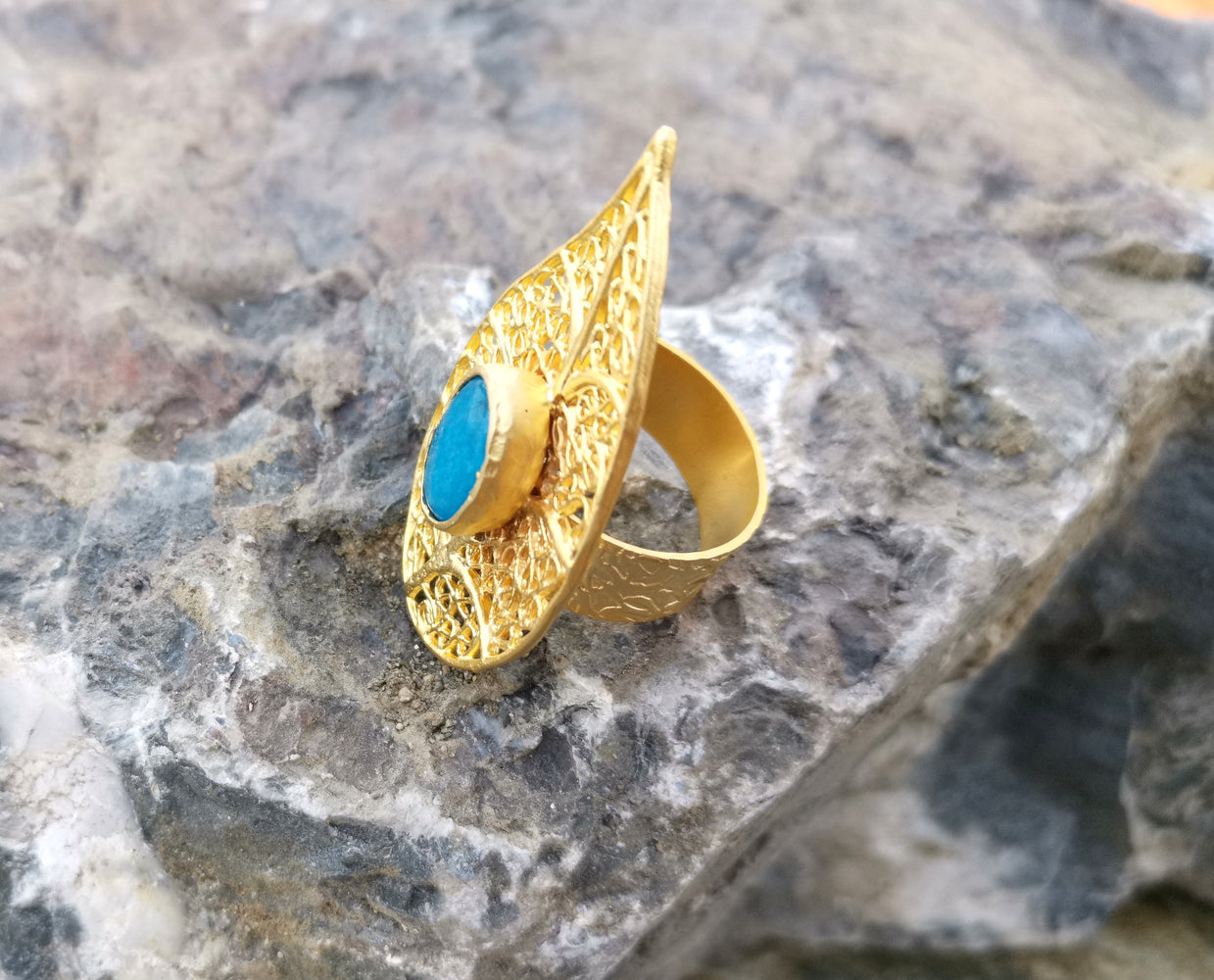 Eye Ring with Blue Gemstone Gold Plated Brass Adjustable SR92