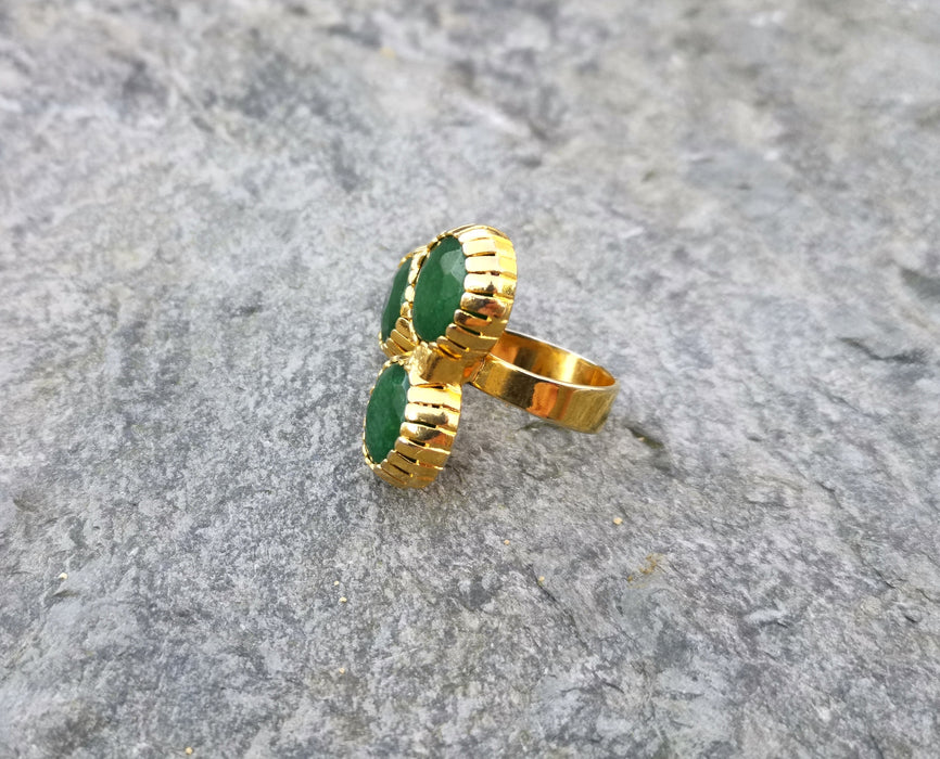 Ring with Three Green Gemstones Gold Plated Brass Adjustable SR93