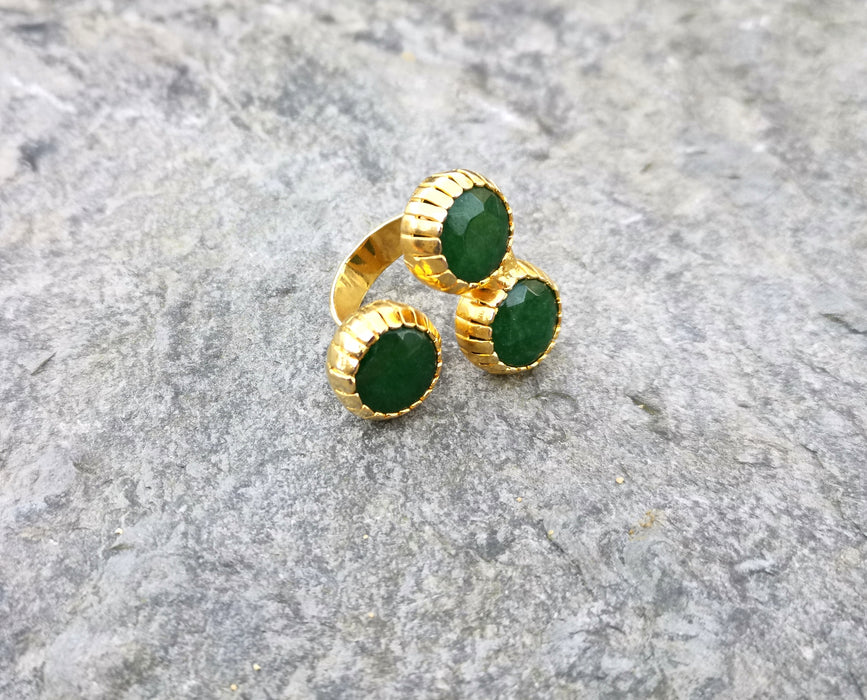 Ring with Three Green Gemstones Gold Plated Brass Adjustable SR93