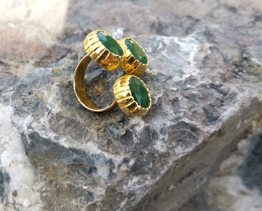 Ring with Three Green Gemstones Gold Plated Brass Adjustable SR93