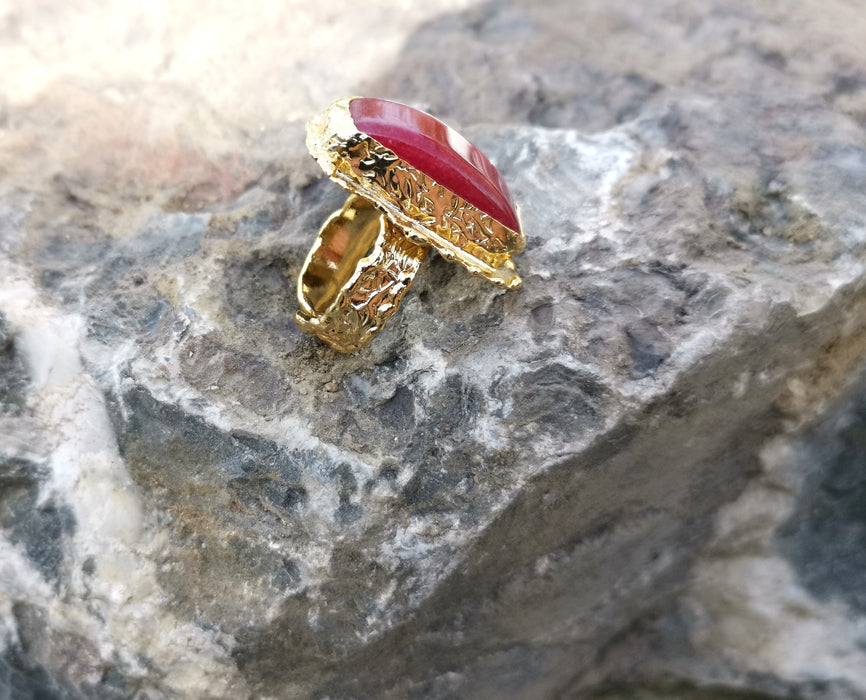 Ring with Fuchsia Gemstone Gold Plated Brass Adjustable SR94
