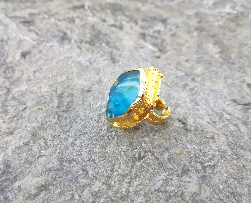 Ring with Blue Agate Gemstone Gold Plated Brass Adjustable SR95