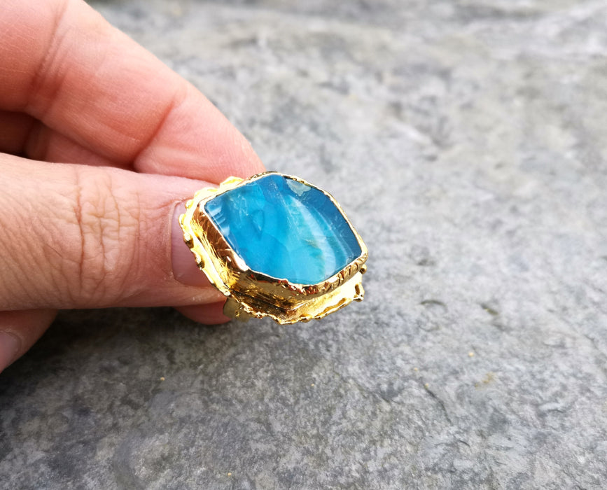 Ring with Blue Agate Gemstone Gold Plated Brass Adjustable SR95