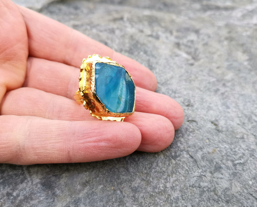 Ring with Blue Agate Gemstone Gold Plated Brass Adjustable SR95