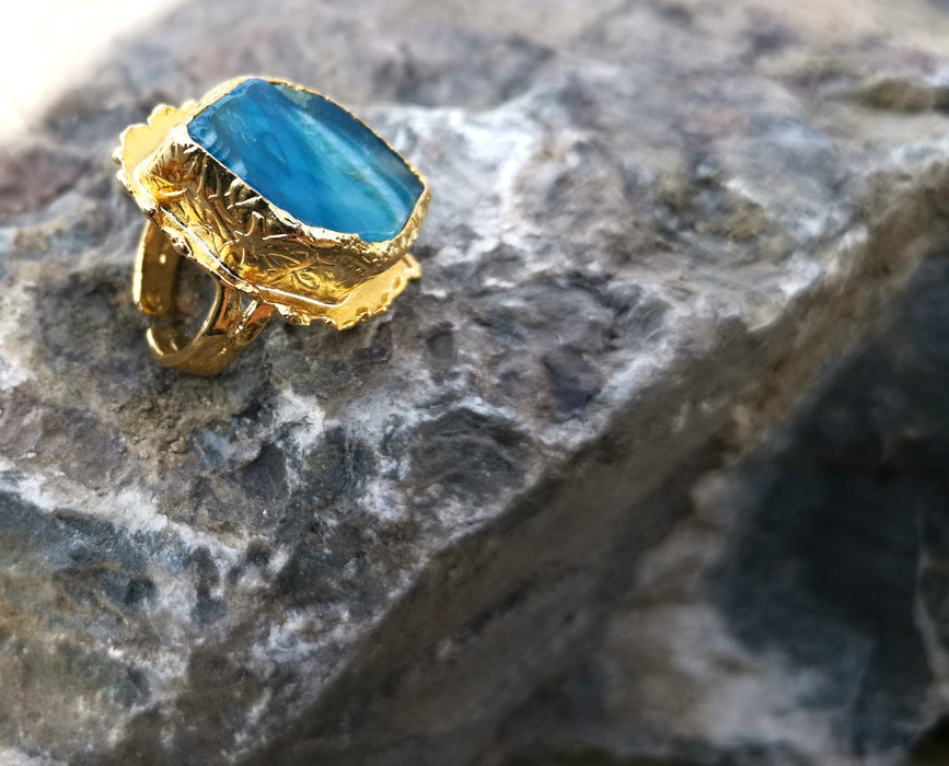 Ring with Blue Agate Gemstone Gold Plated Brass Adjustable SR95