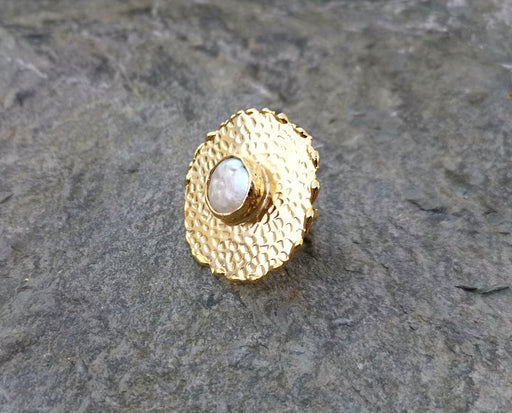 Ring with Real Pearl Gold Plated Brass Adjustable SR96