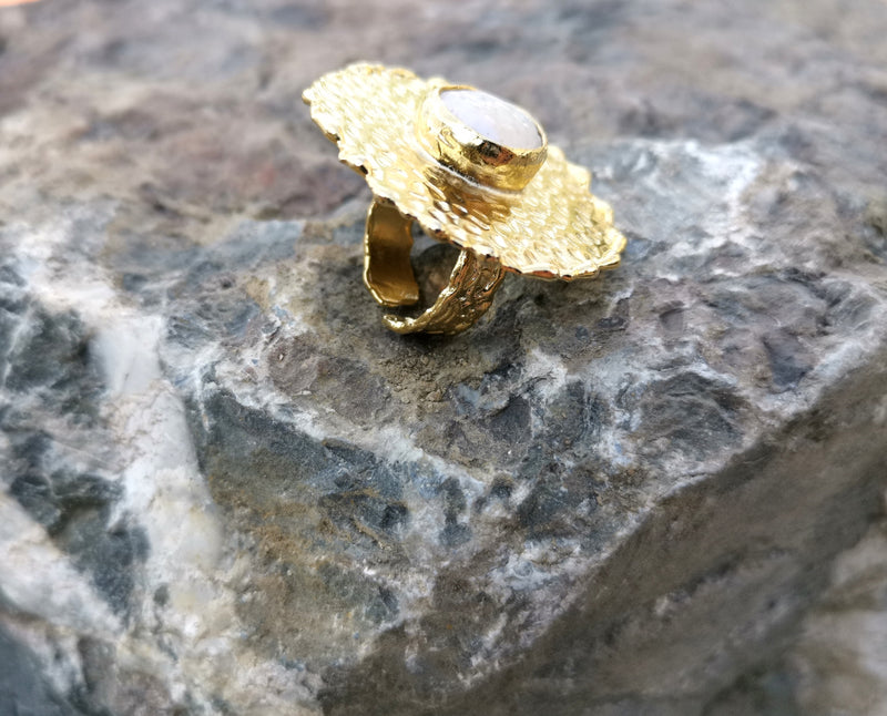 Ring with Real Pearl Gold Plated Brass Adjustable SR96