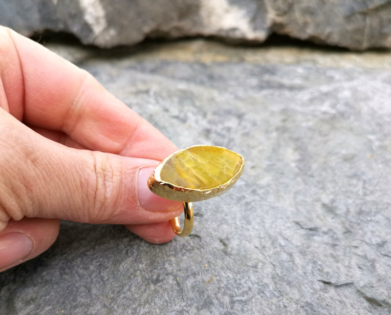 Ring with Goldenrod Agate Gemstone Gold Plated Brass Adjustable SR97
