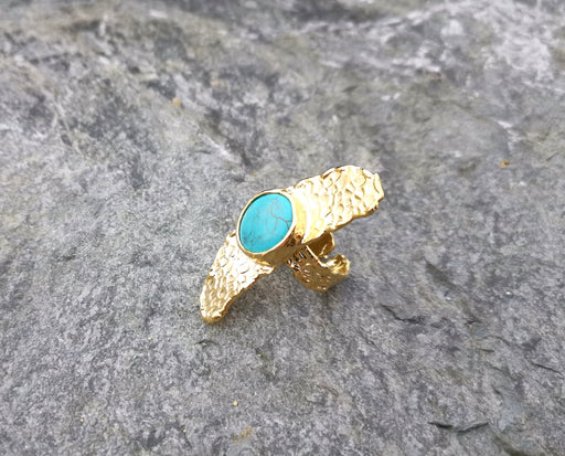 Ring with Turquoise Gemstone Gold Plated Brass Adjustable SR98