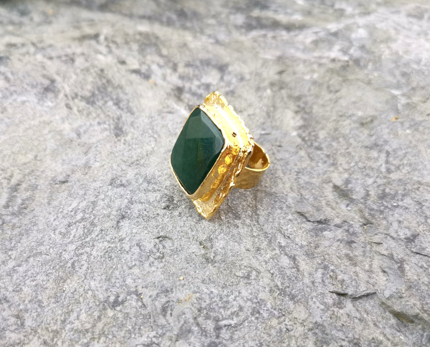 Ring with Dark Green Gemstone Gold Plated Brass Adjustable SR99