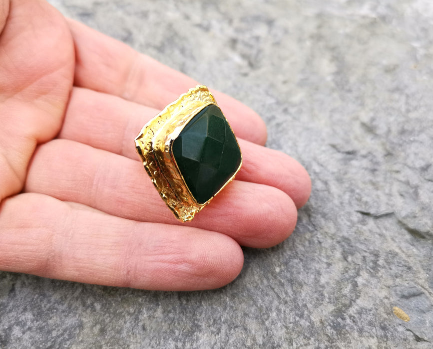 Ring with Dark Green Gemstone Gold Plated Brass Adjustable SR99