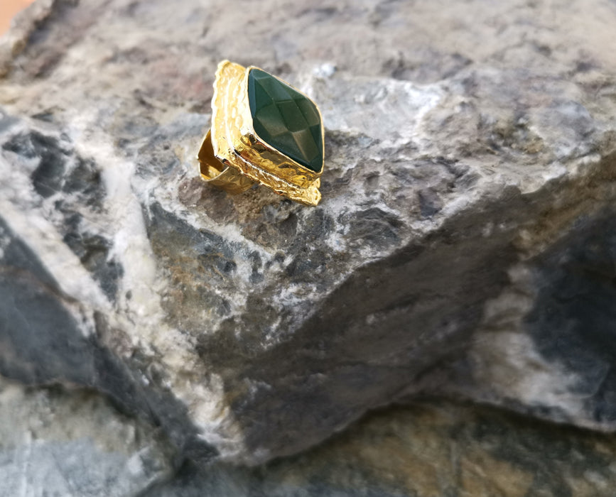 Ring with Dark Green Gemstone Gold Plated Brass Adjustable SR99