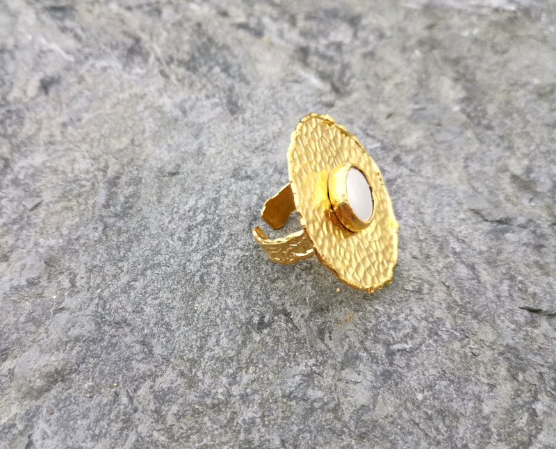 Oval Ring with Real Pearl Gold Plated Brass Adjustable SR100