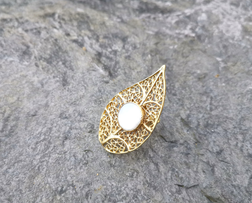 Eye Shape Ring with Real Pearl Gold Plated Brass Adjustable SR101