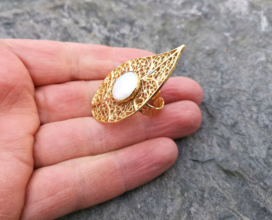 Eye Shape Ring with Real Pearl Gold Plated Brass Adjustable SR101