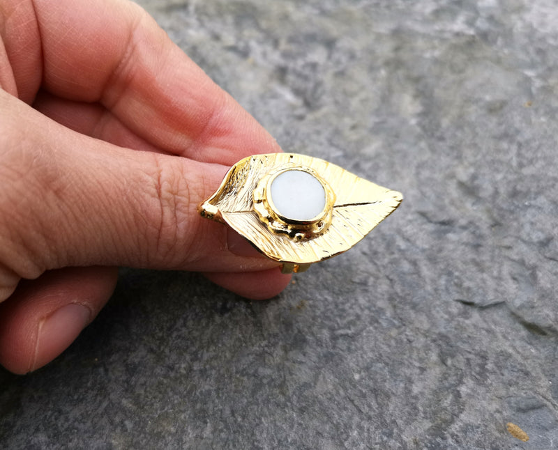 Leaf Shape Ring with Real Pearl Gold Plated Brass Adjustable SR102