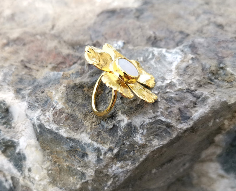 Flower Ring with Real Pearl Gold Plated Brass Adjustable SR104