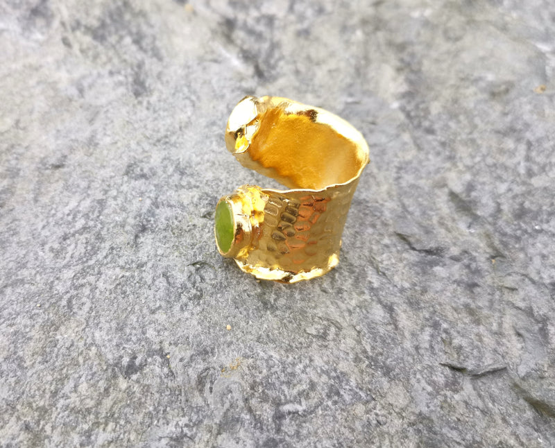 Ring with Light Green Gemstone and  Real Pearl Gold Plated Brass Adjustable SR105