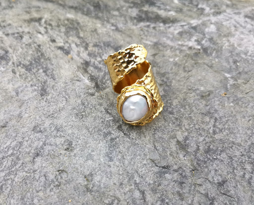 Ring with Real Pearl Gold Plated Brass Adjustable SR106