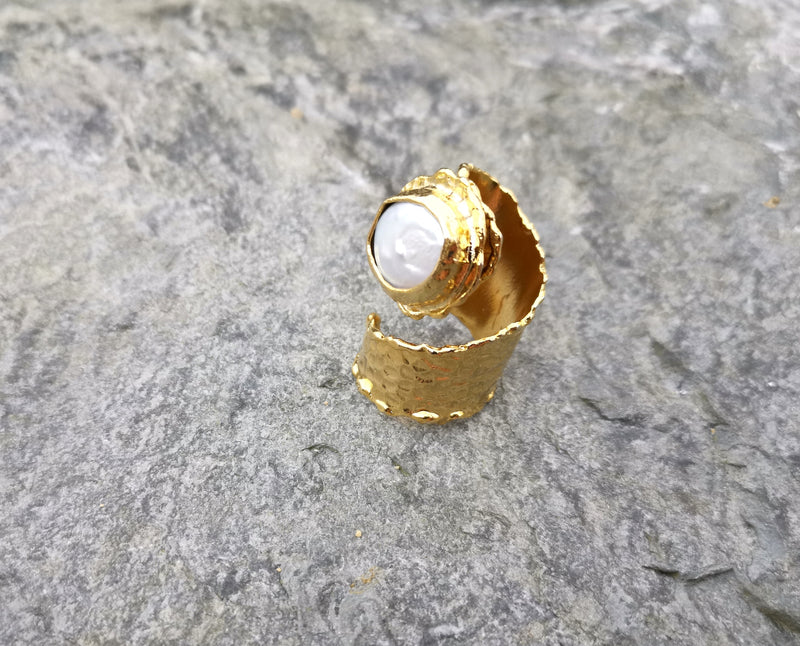 Ring with Real Pearl Gold Plated Brass Adjustable SR106