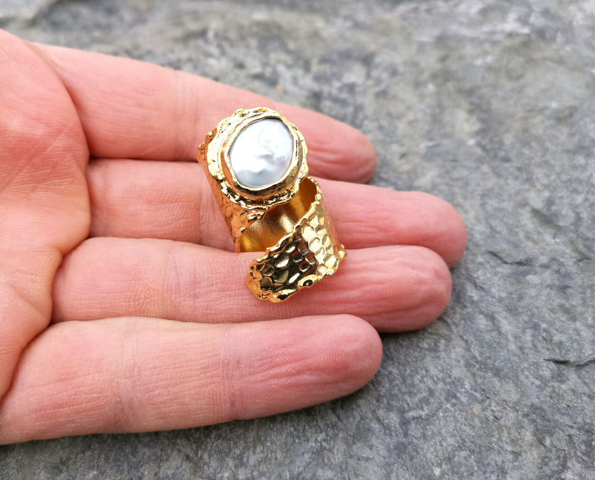 Ring with Real Pearl Gold Plated Brass Adjustable SR106