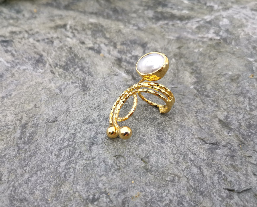 Ring with Real Pearl Gold Plated Brass Adjustable SR107