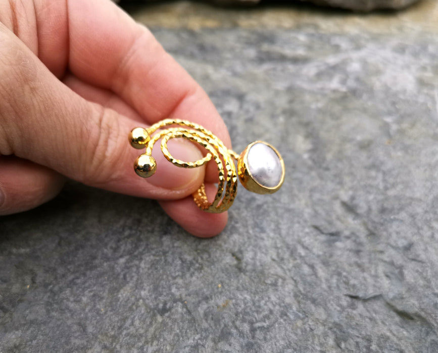 Ring with Real Pearl Gold Plated Brass Adjustable SR107