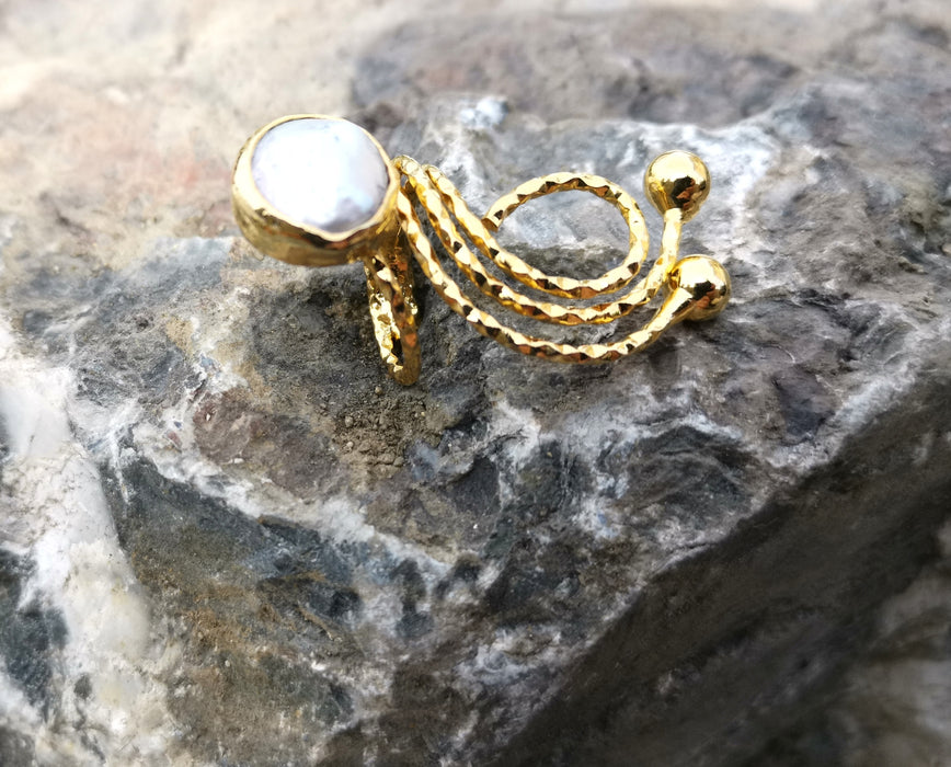 Ring with Real Pearl Gold Plated Brass Adjustable SR107