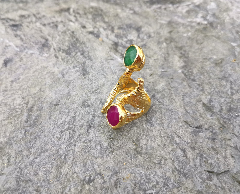 Ring with Colored Gemstones Gold Plated Brass Adjustable SR108