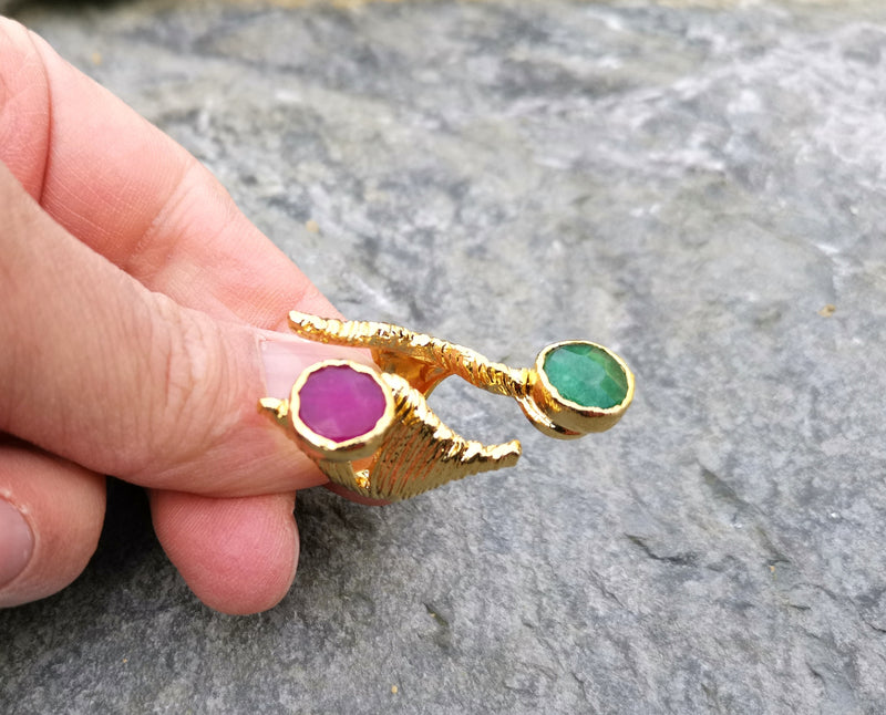 Ring with Colored Gemstones Gold Plated Brass Adjustable SR108