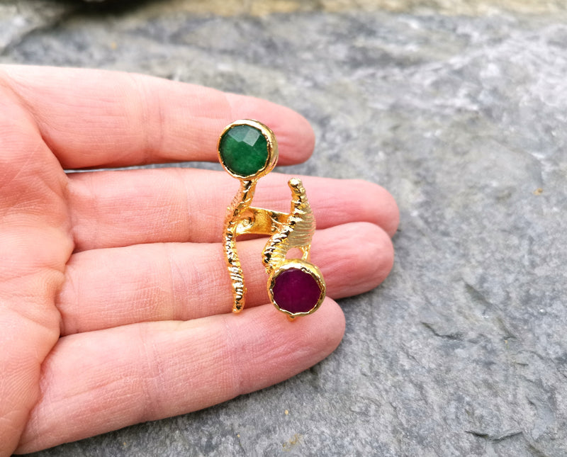 Ring with Colored Gemstones Gold Plated Brass Adjustable SR108