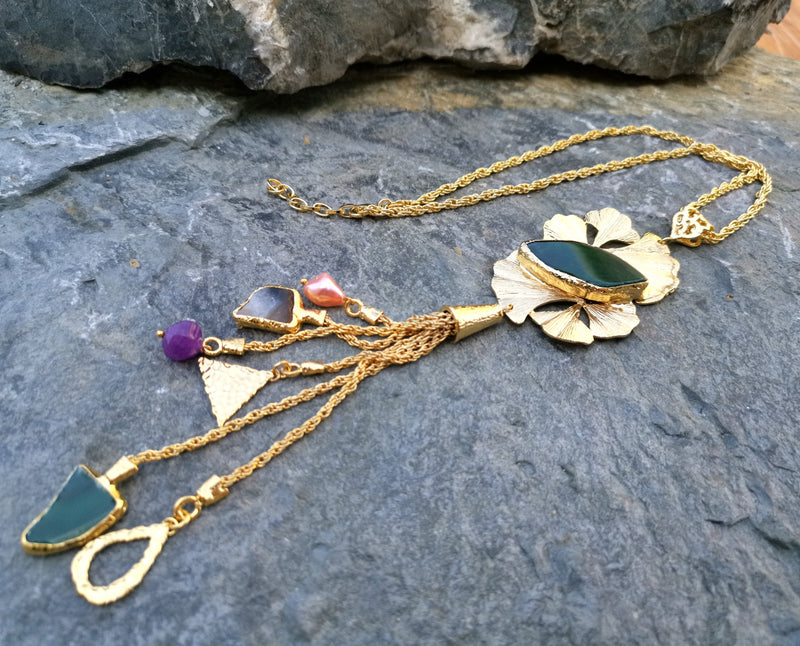 Necklace with Colored Gemstones Gold Plated Brass Adjustable  SR109
