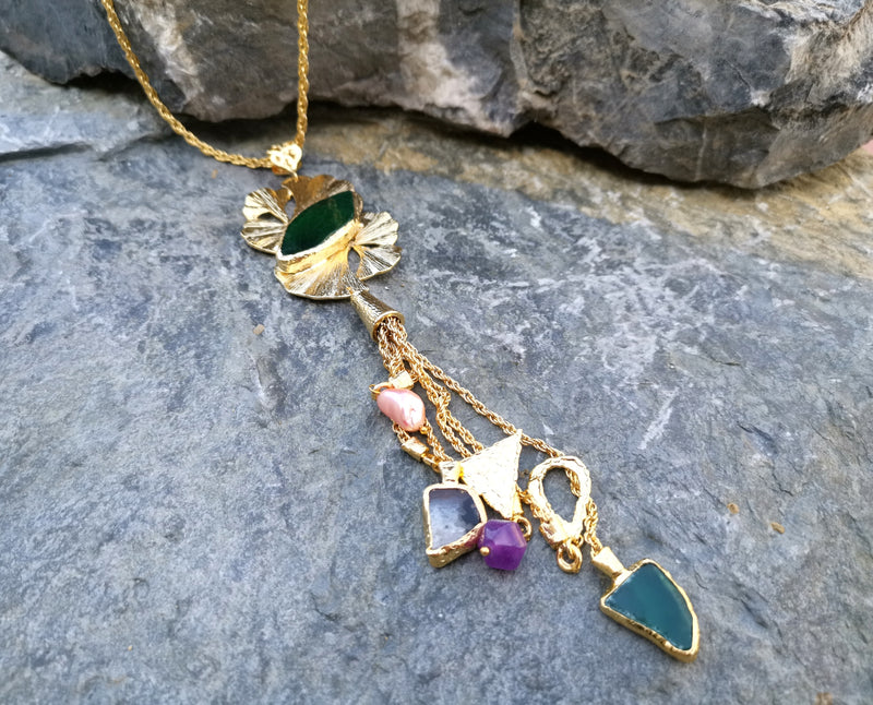 Necklace with Colored Gemstones Gold Plated Brass Adjustable  SR109