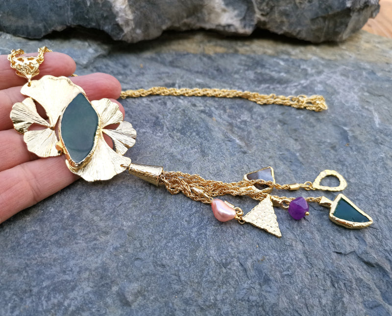 Necklace with Colored Gemstones Gold Plated Brass Adjustable  SR109