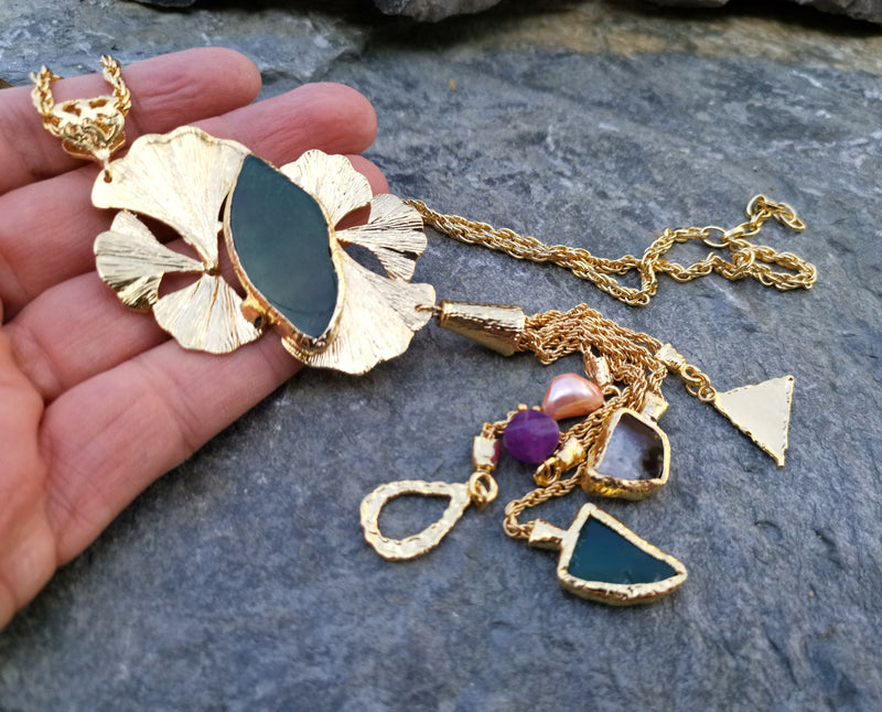 Necklace with Colored Gemstones Gold Plated Brass Adjustable  SR109