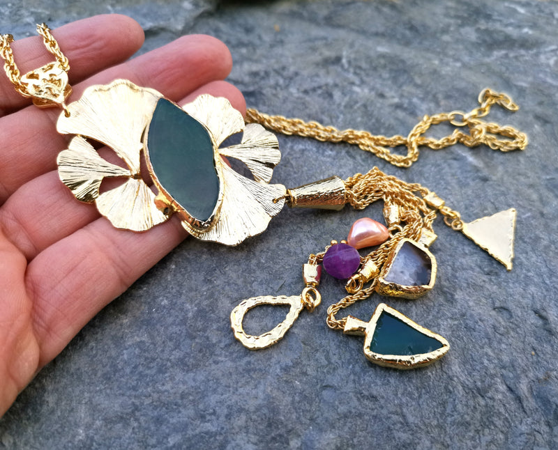 Necklace with Colored Gemstones Gold Plated Brass Adjustable  SR109