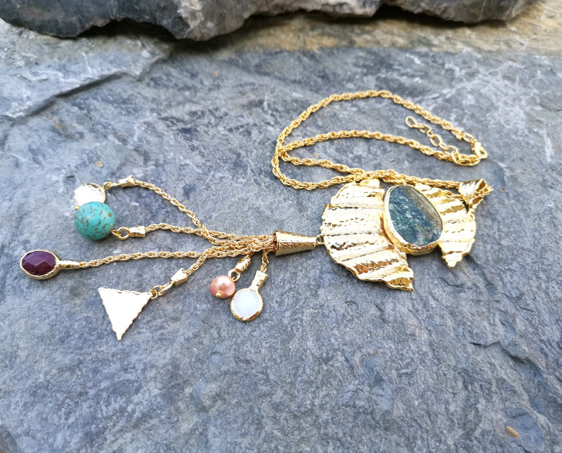 Necklace with Colored Gemstones Gold Plated Brass Adjustable  SR110