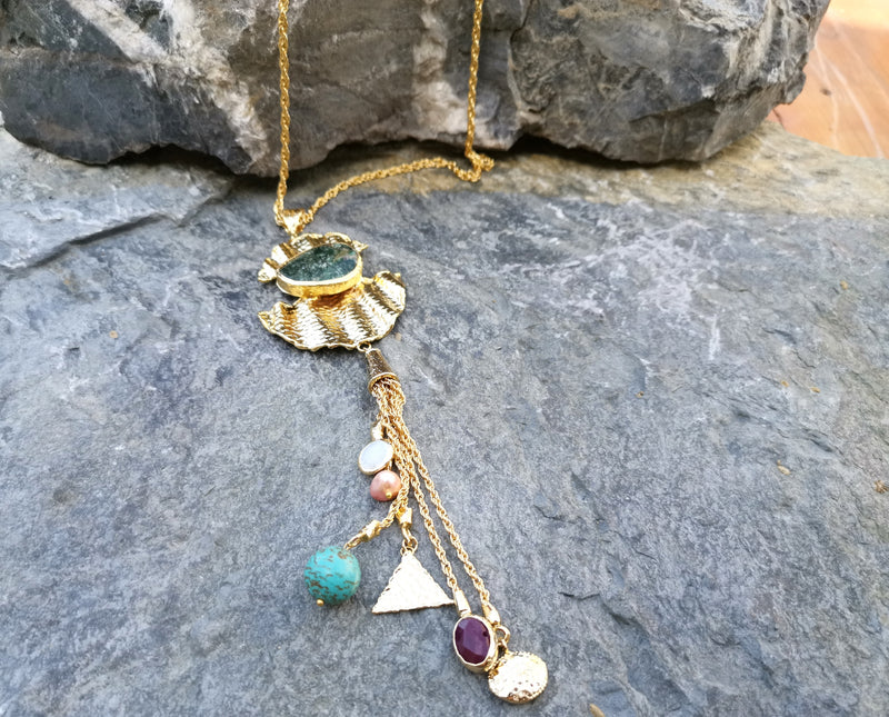 Necklace with Colored Gemstones Gold Plated Brass Adjustable  SR110