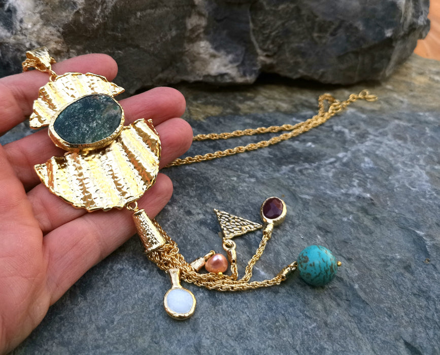 Necklace with Colored Gemstones Gold Plated Brass Adjustable  SR110