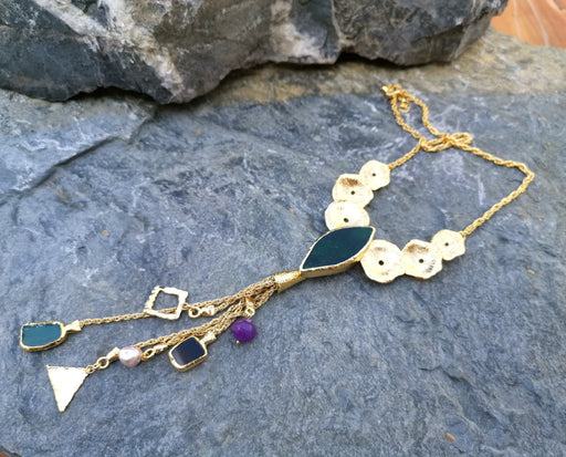 Necklace with Colored Gemstones Gold Plated Brass Adjustable  SR111