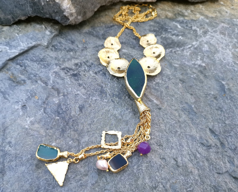 Necklace with Colored Gemstones Gold Plated Brass Adjustable  SR111