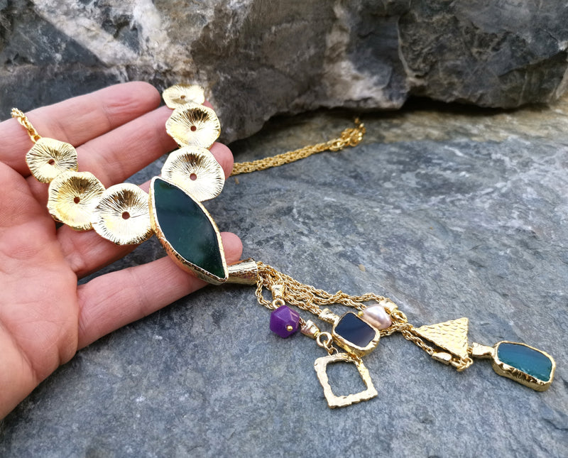 Necklace with Colored Gemstones Gold Plated Brass Adjustable  SR111